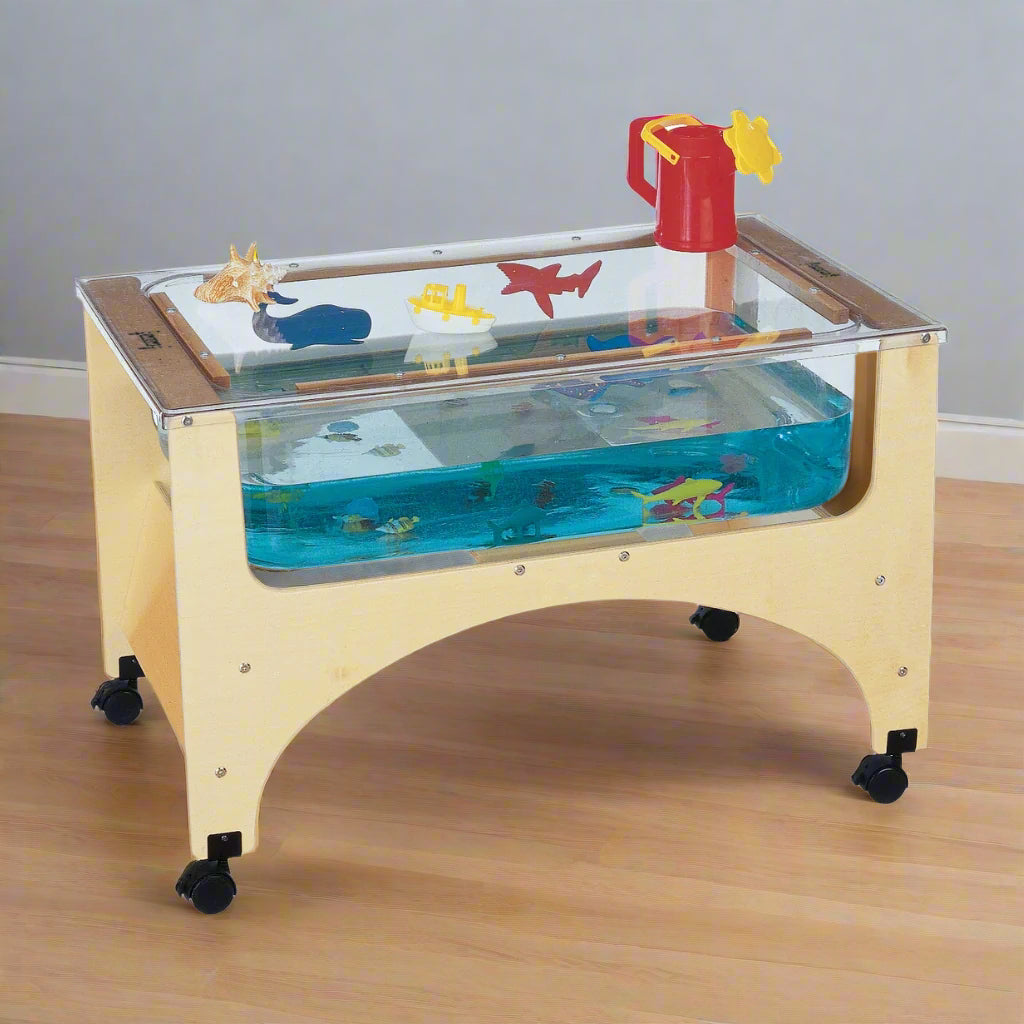 Children's play table with transparent top, toys, and water.