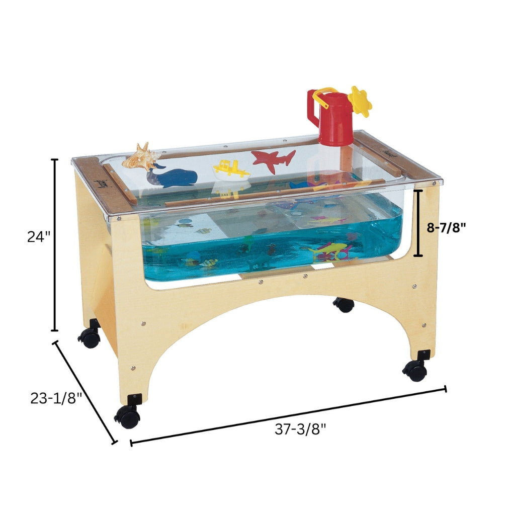 Children's sensory table with transparent top, toys, and dimensions on a white background
