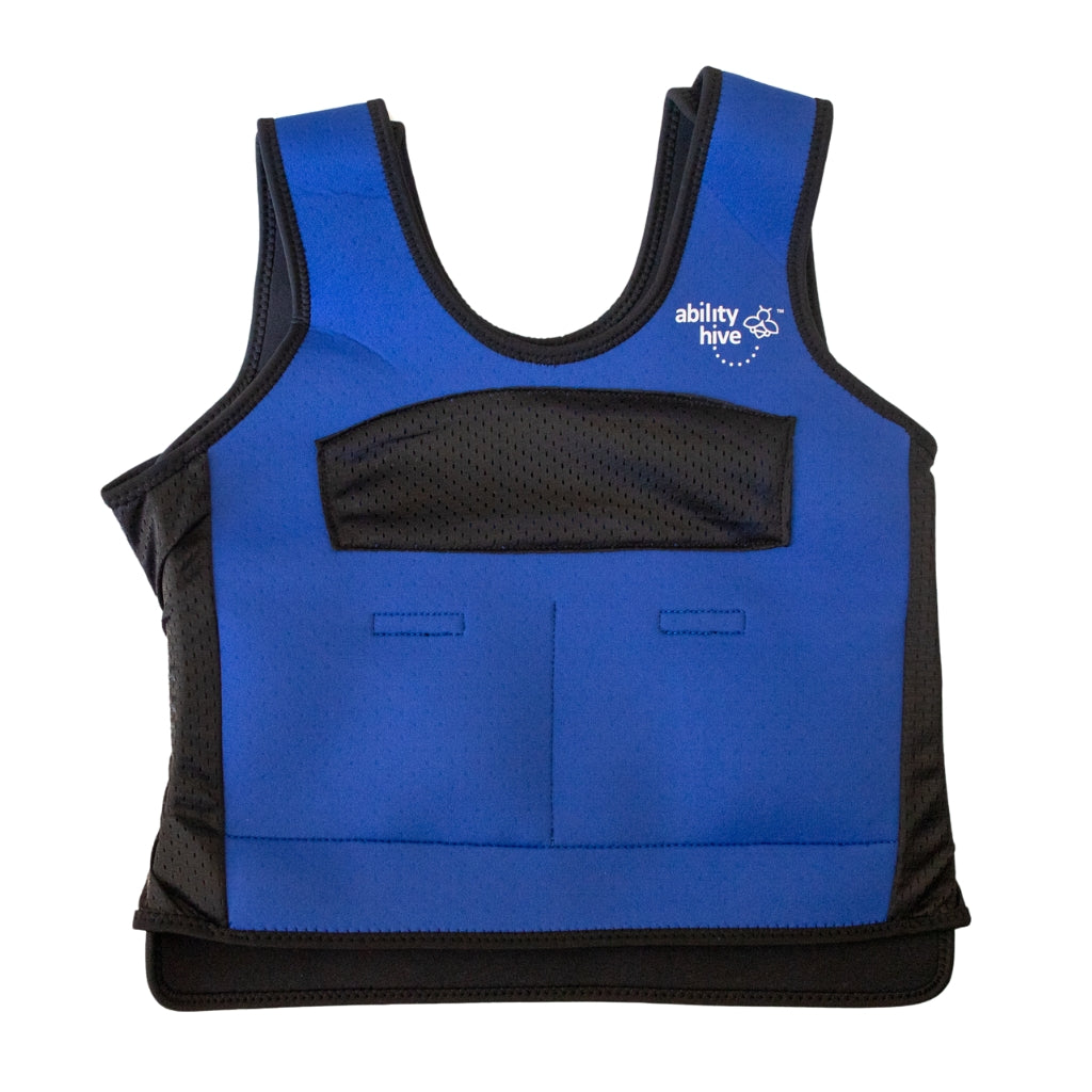 Blue and black weighted compression vest with 'ability hive' logo on a white background
